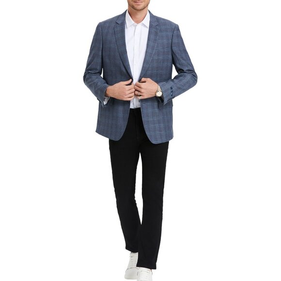 Navy Plaid Notch Lapel Men's Jacket